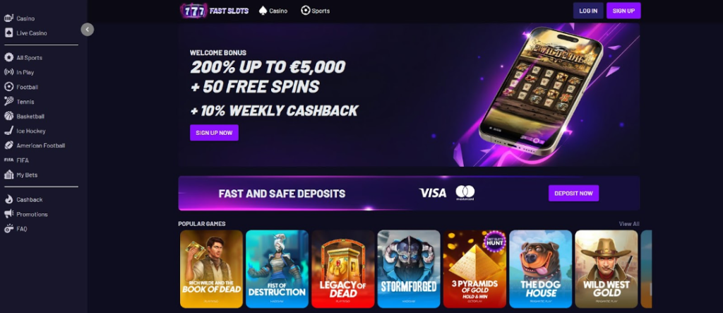 Screenshot of Fast Slots casino interface showcasing a 200% welcome bonus up to €5,000, 50 free spins, and 10% cashback with mobile slot graphics. Fast Slots Best Online Casino Homepage With €5,000 Bonus Offer