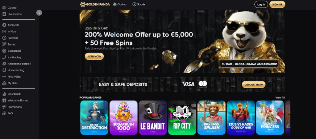 Casino homepage showing Golden Panda wearing gold jacket promoting a 200% welcome bonus, 50 free spins, and fast deposit methods. Golden Panda Online Casino With Fu Bao Brand Mascot