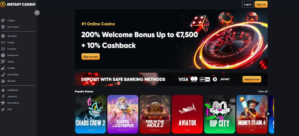 Screenshot of Instant Casino showing a roulette-themed banner offering 200% bonus up to €7,500, 10% cashback, and safe banking options. Instant Casino App Bonus Page With €7,500 Offer