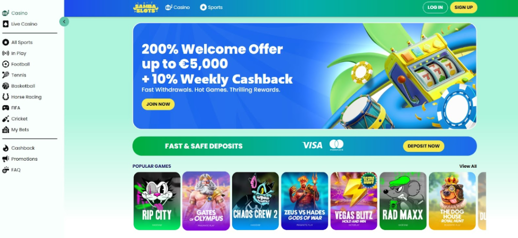 Screenshot of Samba Slots online casino with a vibrant tropical slot machine banner offering 200% welcome bonus, cashback, and Visa/MasterCard deposits. Samba Slots Tropical-Themed Casino Interface